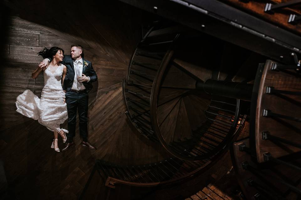 Bride and groom birds eye view