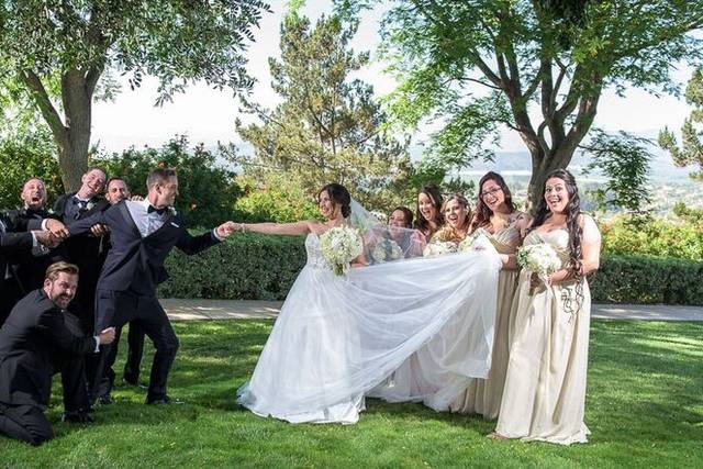 The couple with the bridesmaids and groomsmen