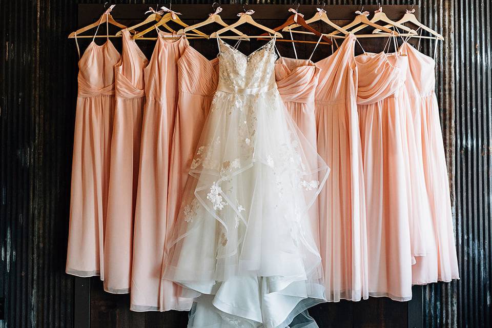 Bridal gown and bridesmaids' dresses