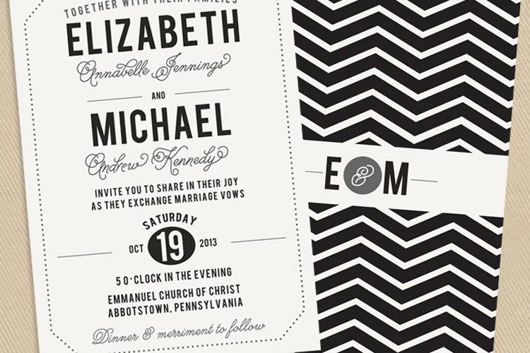 Bold yet simplistic in design, this classic printable wedding invitation takes on a bit of whimsy with the chevron pattern on the back side. The design is classic and current all at the same time. Love the design but looking for color? Please read on. Matching pieces available as well.