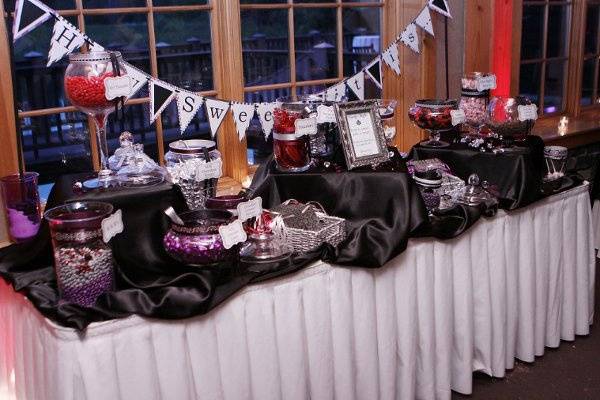 Color-coordinated candy buffet featuring 