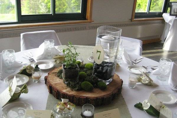 Centerpiece on burlap table runner with river rocks, mosses and succulent plant.