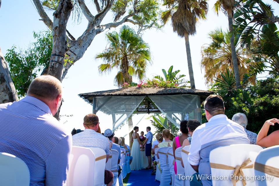 Terrace above beach wedding