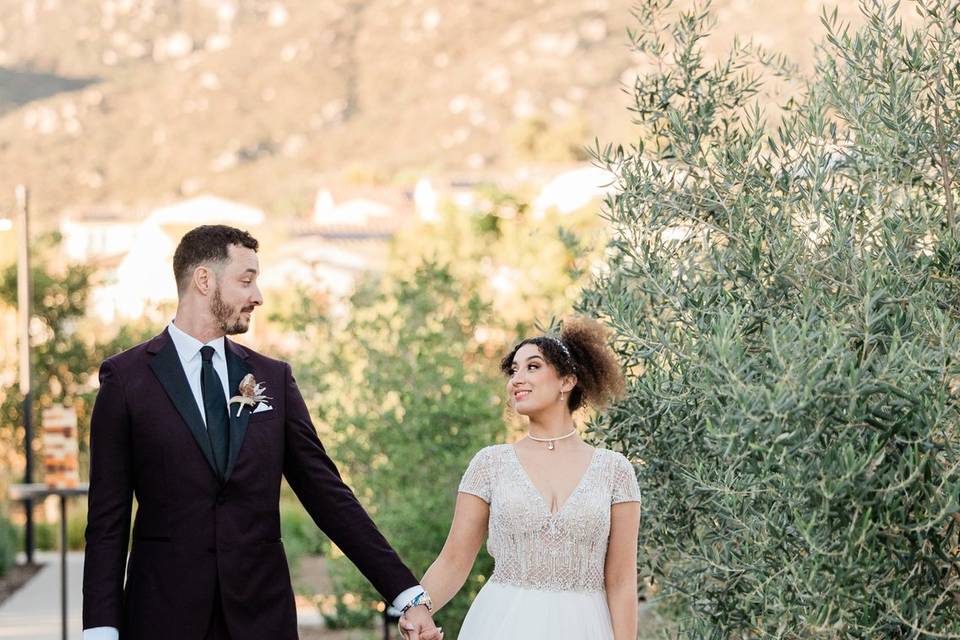 Newlyweds in courtyard