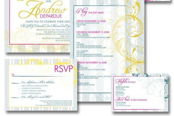 A formal wedding invitation suite for a perfectly Parisian wedding. A lovely color palette sets this invitation suite apart from all the rest. With layers of rich color and whimsical flowing lines atop ice blue stripes this suite is sure to impress.