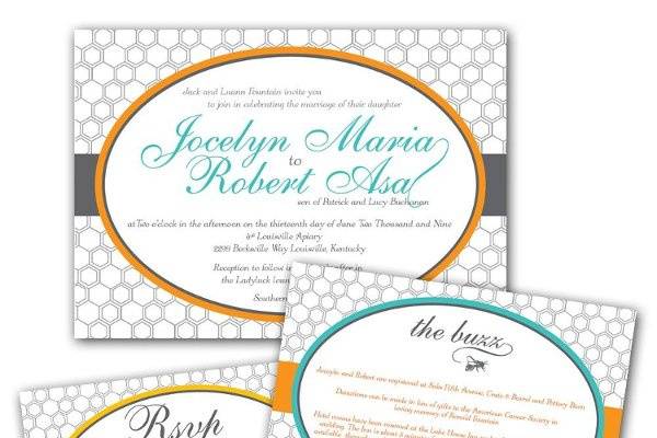 A custom designed invite for a couple getting married in a quaint apiary in the south. Bright oranges are offset by a teal and copper grey to make a lovely combination. All over-top a playful honeycomb pattern.
This can be customized via colors and patterns as well. Getting married in a garden? Why not customize this pattern as a green leaf with bold flower accents.