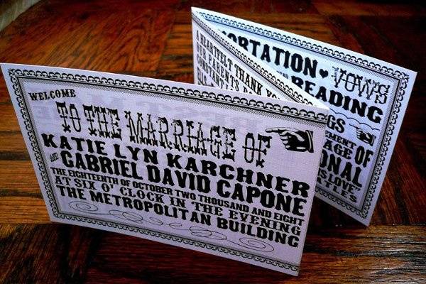 This whimsical tri-fold double-sided wedding program will fill guests in on all the wedding day festivites.
A perfect place to list your wedding party, a thank you to special guests and family.
All laid out with wonderful fonts and a vintage showtime feel.