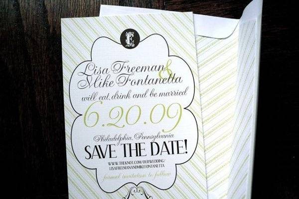 This lovely save the date in green and brown to match the wedding colors was created for a wonderful couple!
It can be customized to fit your wedding style and colors.
Price includes:
100 save the date panels printed on 110lb linen stock
100 lined envelopes matching stock
1 return address stamp