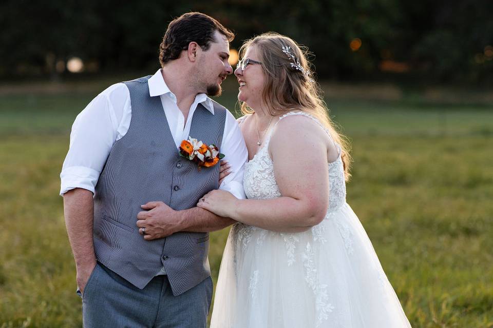 Bride and groom at sunset