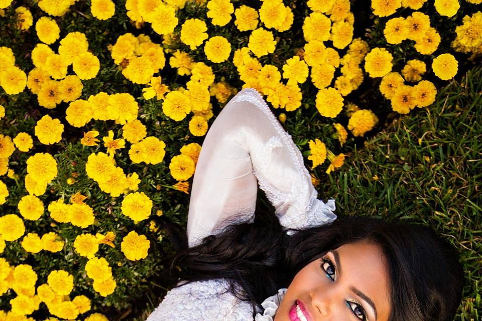 Bride by the flowers