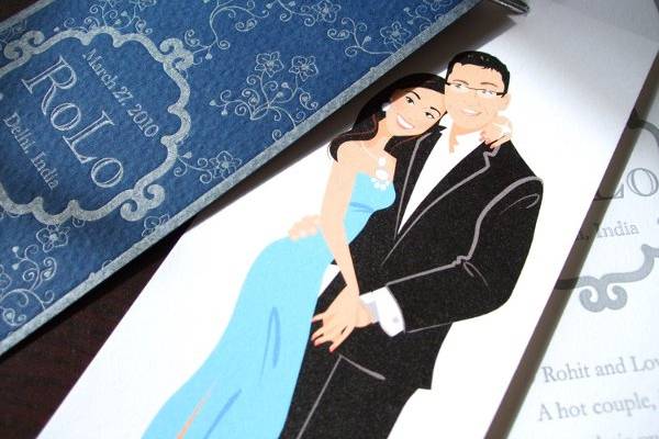 three part wedding favors: on the first page with a custom designed pattern and logo, on the second page featuring a couture wedding illustration showing the bride and groom in a stylized fashion, and on the last page with a personalized poem