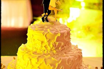 wedding cake topper, featuring a personalized, modern fashion illustration of the bride and groom