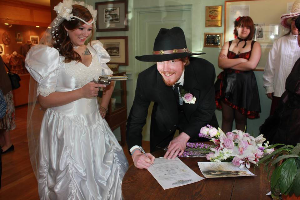 Wedding Ceremony at The Rose Tree Museum.Costume Rental & Photography by Sadie JoTombstone Costume Rentals & Photography