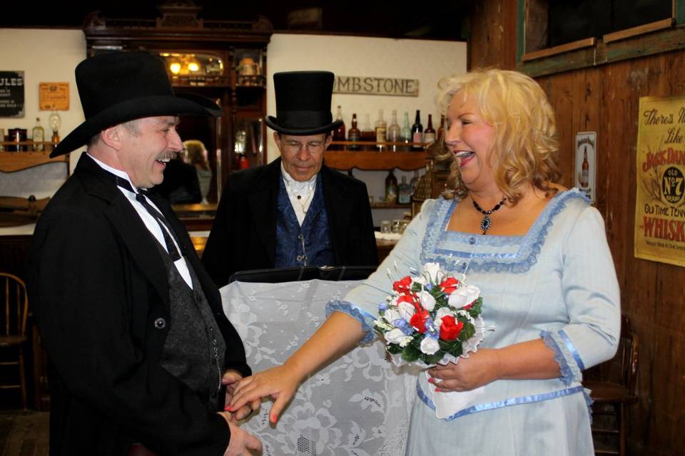 Wedding Ceremony at The Wyatt Earp Theatre.Costume Rental & Photography by Sadie JoTombstone Costume Rentals & Photography