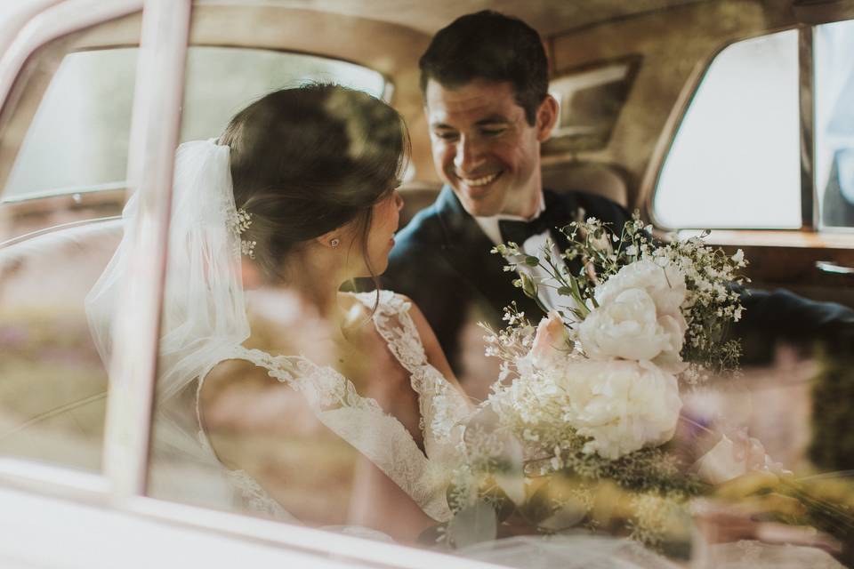 Newlyweds in the car