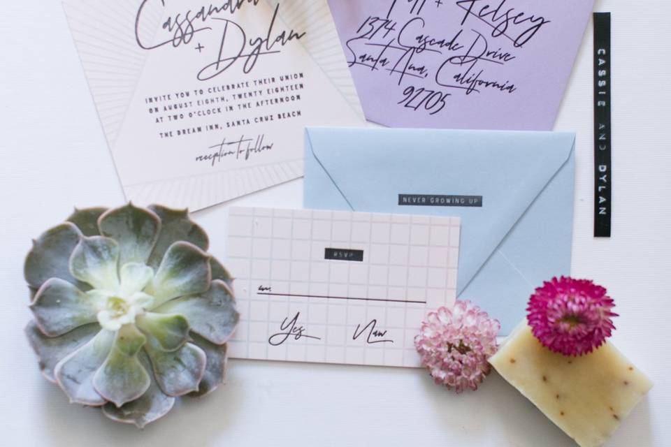 Synth wave inspired invitations