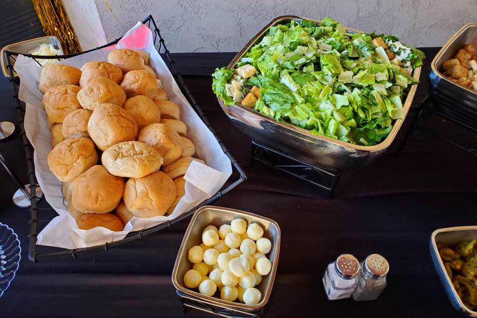 Freshly baked rolls and salad