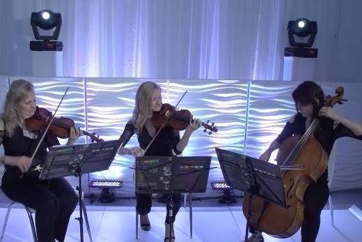 String trio performing at an elegant, beautifully lit event in eastern long island