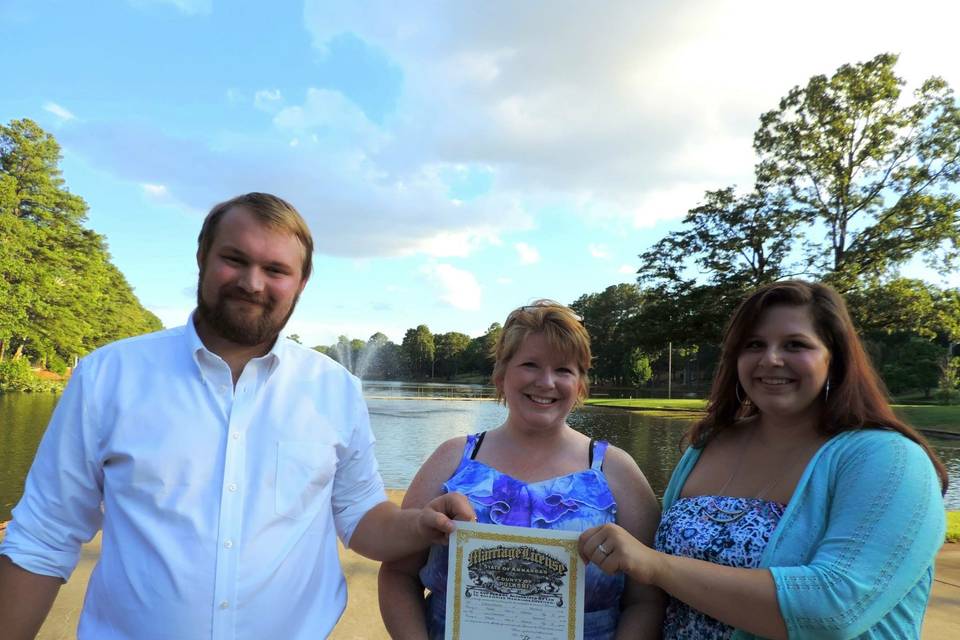 Outside photo with a happy couple