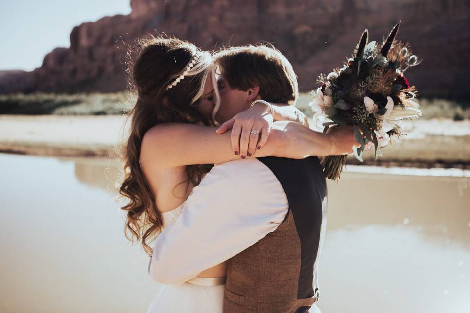 Newly weds embrace