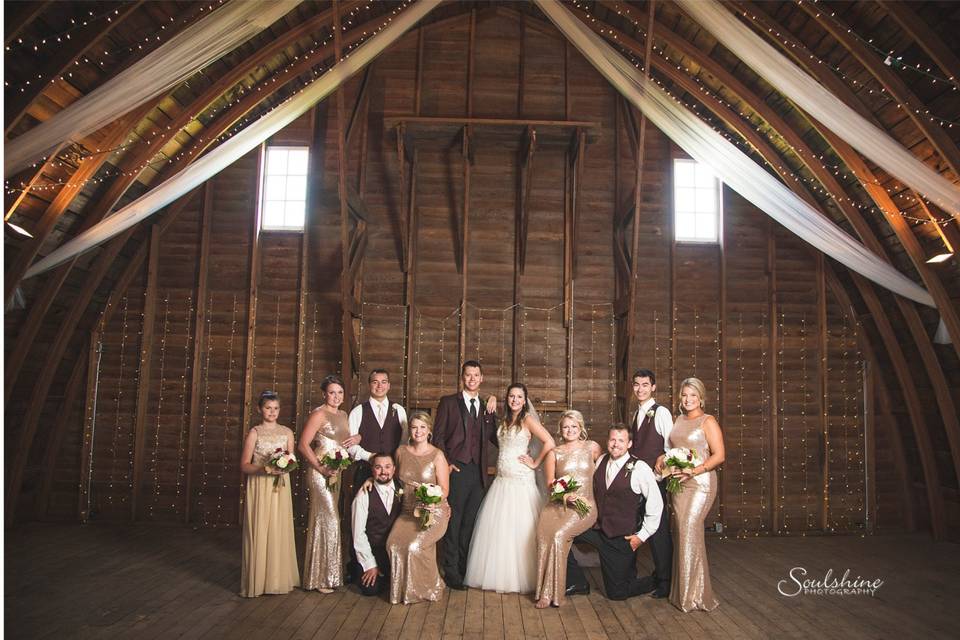 The couple with the bridesmaids and groomsmen