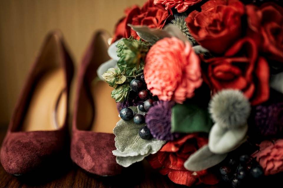 Bridal bouquet and shoes