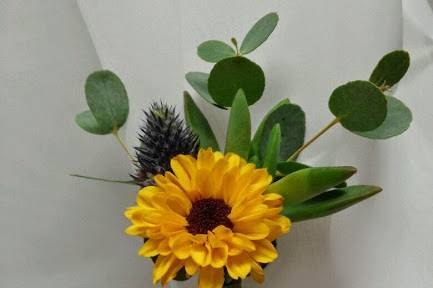 Viking pompon with thistle and eucalyptus boutonniere