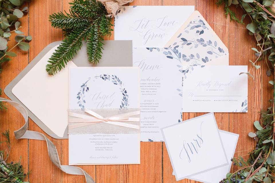 Invitation suite by Jess Creates at our Winter Virginia Wedding Inspiration shoot at Rust Manor House in Leesburg, VA, styled by QC Event Planning and Photographed by Bethanne Arthur Photography
