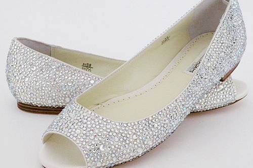 Halle Crystal Flats - Finally! The fabulous crystal shoe trend comes to a pair of adorable flats! Swarovski covered ivory silk flats with a peep toe. Glamour & comfort.