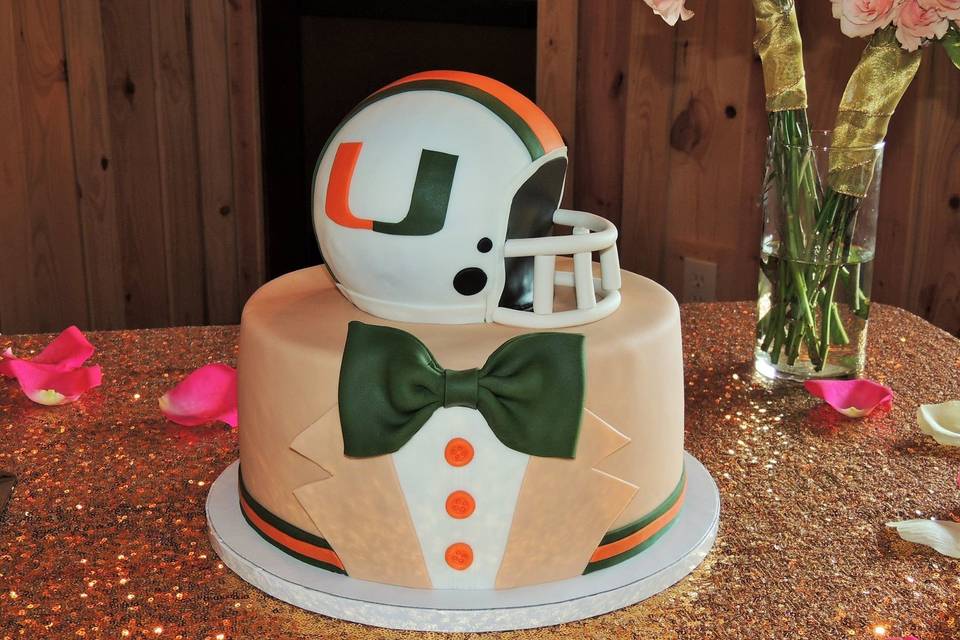 Football helmet and tuxedo cake, all fondant