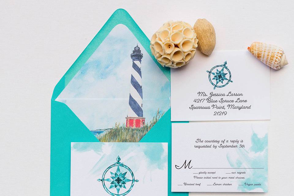 Lighthouse and compass invites