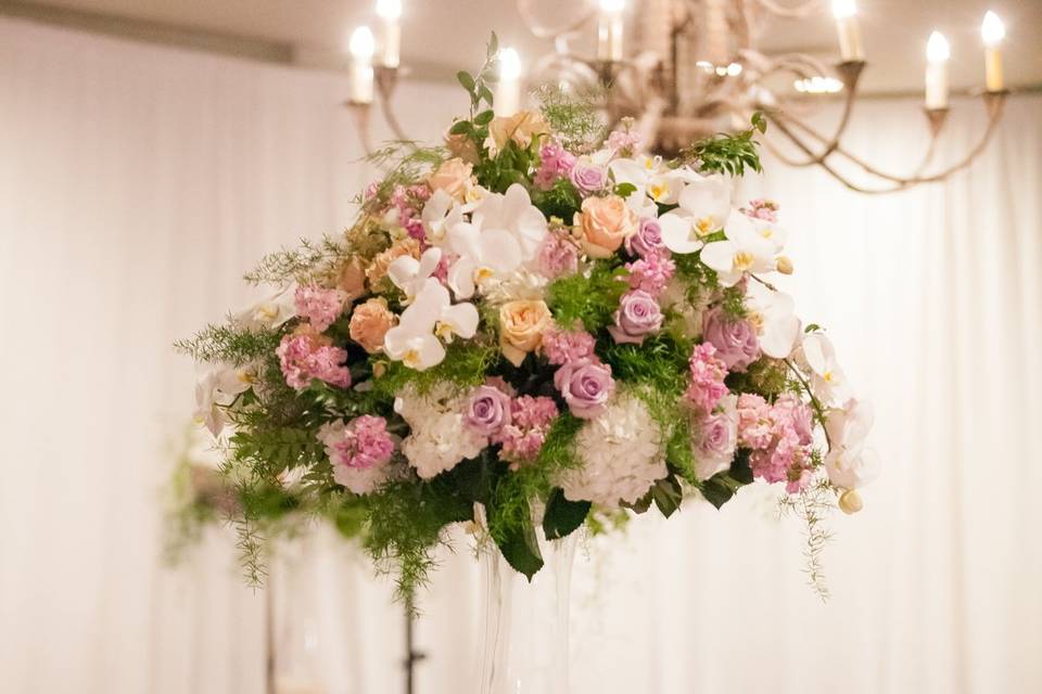 Tall pink and white centerpiece