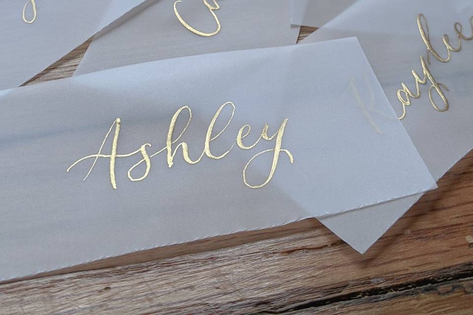 Gold Ink Vellum Place Cards