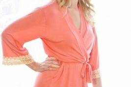 Serendipity Robe- In coral with cream vintage lace trim.