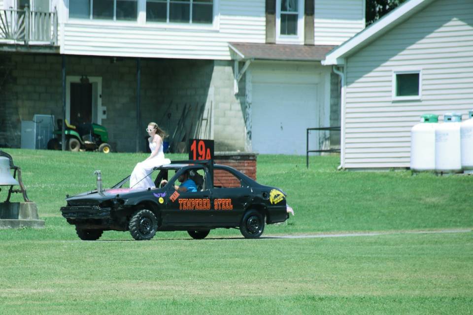 Bride arriving by Derby car