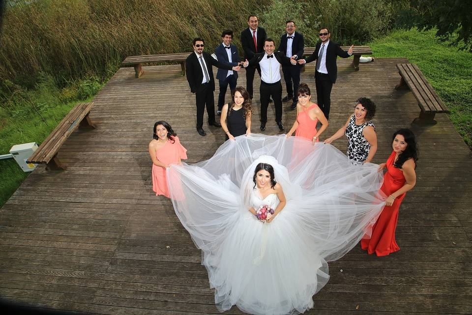 The couple with the bridesmaids and groomsmen