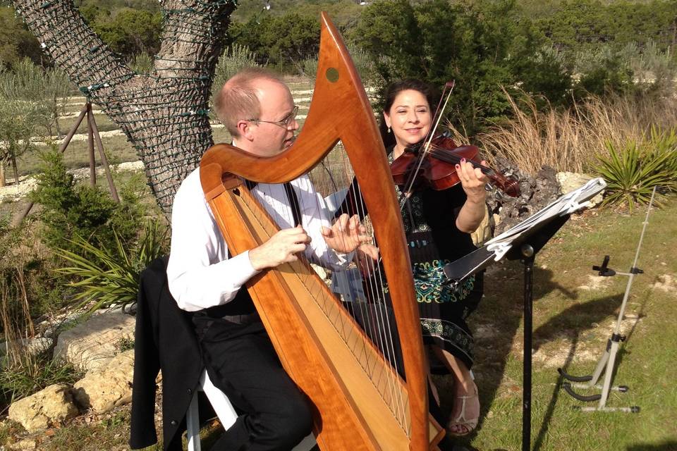 The Celtic harp & viola at a wedding at Rancho Mirando. A  venue in Wimberley, TX with breathtaking views.