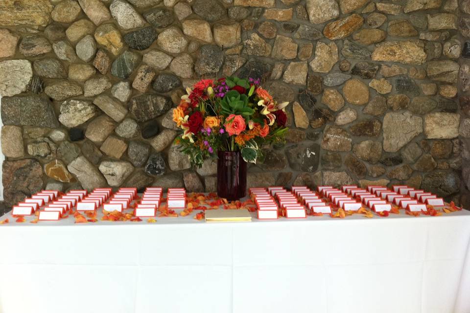 Table cards and floral centerpiece