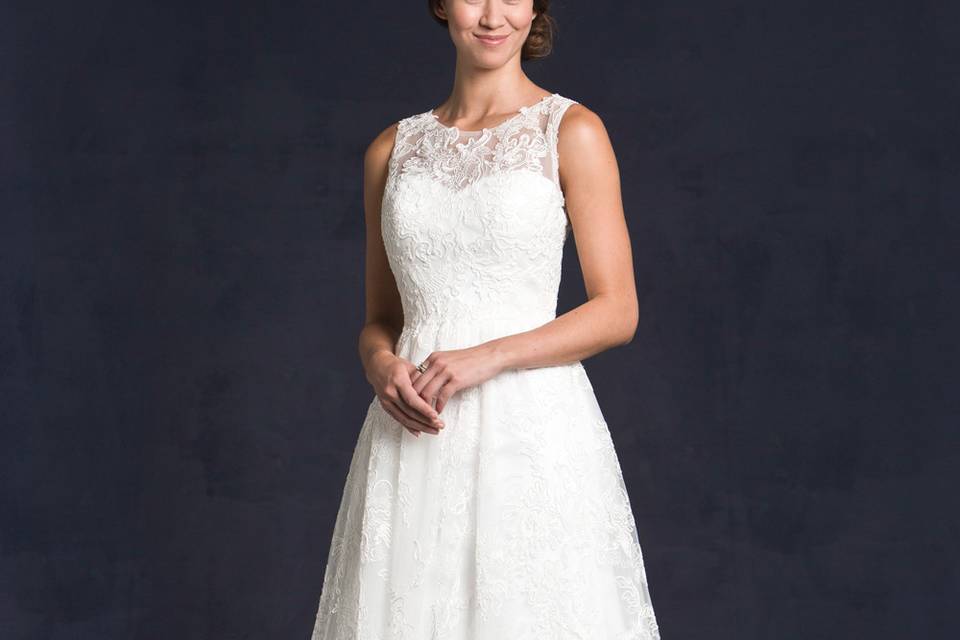 Lis Simon Style:  GALLAGHER
Illusion jewel neckline, corded lace fabric, natural waistline, A-line skirt, zipper back.