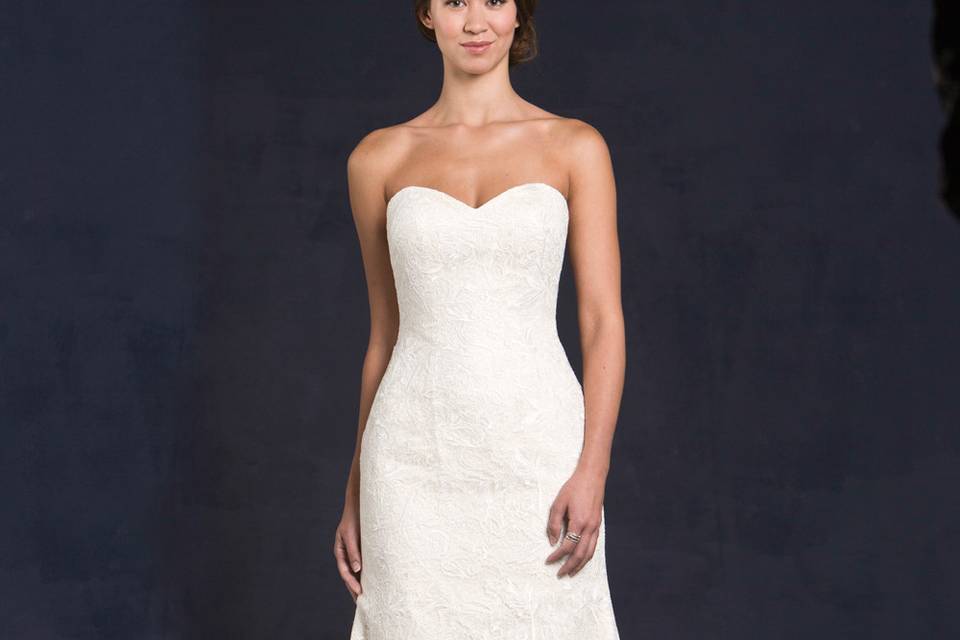 Lis Simon Style:  GINNIFER
Strapless sweetheart neckline, soft lace overlay, fit and flare skirt.  Zipper back.