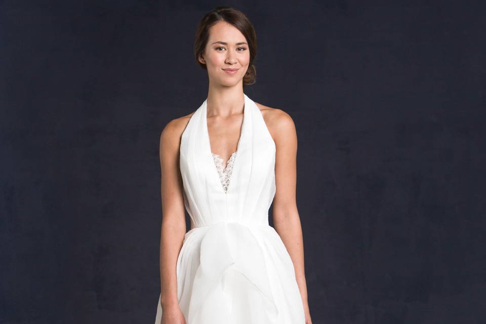 Lis Simon Style:  GISELLE
Halter neckline, crepe organza, lace trim, ruffled A-line skirt, zipper back