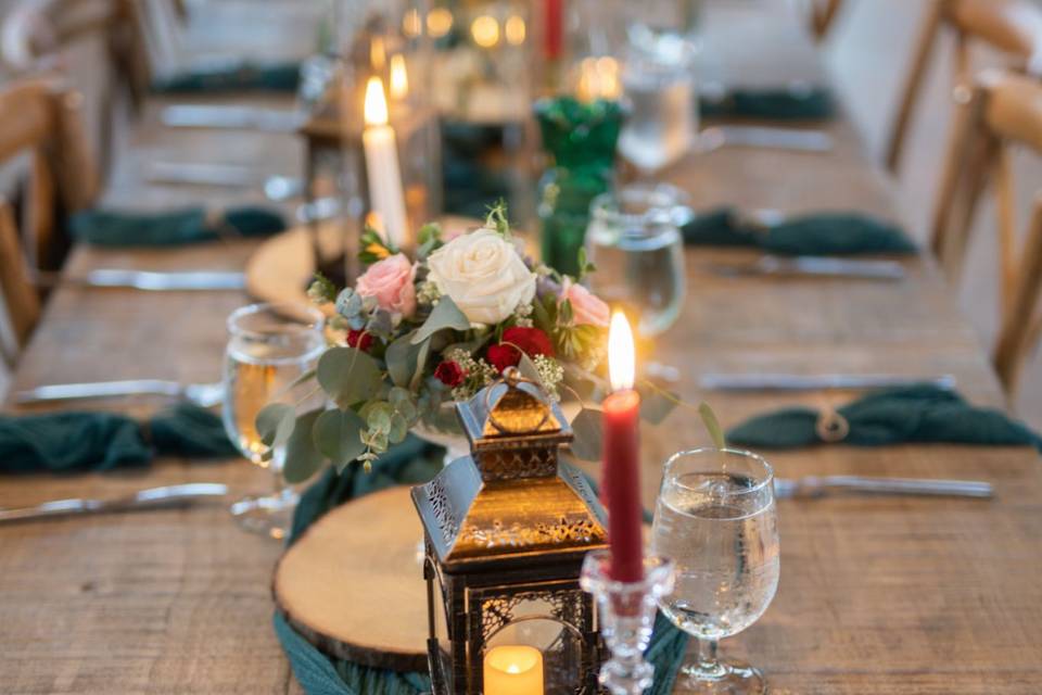 Farm table, lanterns & candles