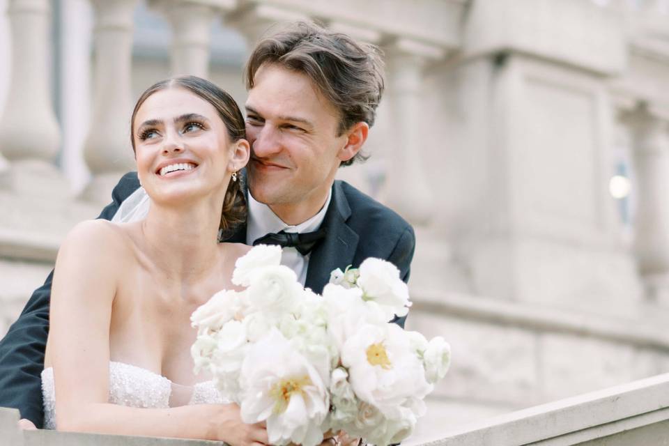 Bride & Groom Balcony Smiling