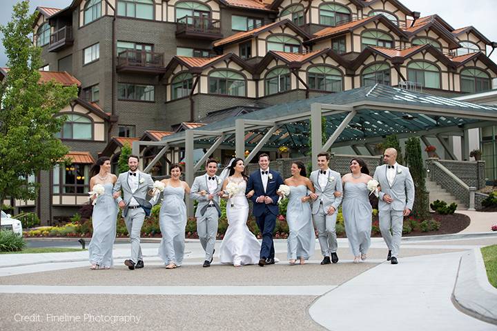 The couple with the bridesmaids and groomsmen