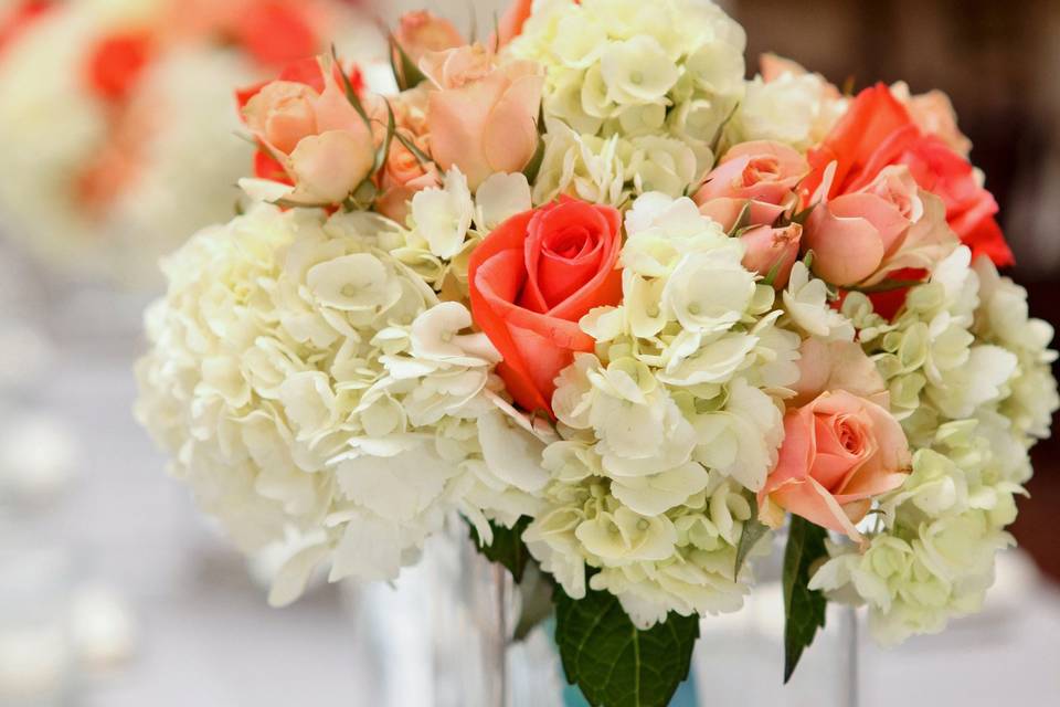 Light orange and white flowers on a table