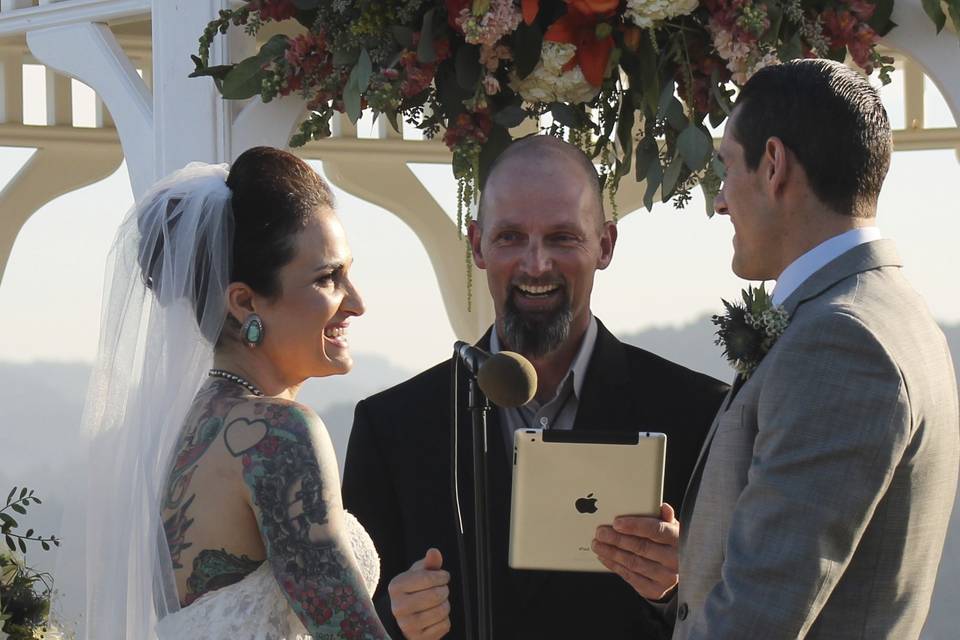 Bride smiling at groom