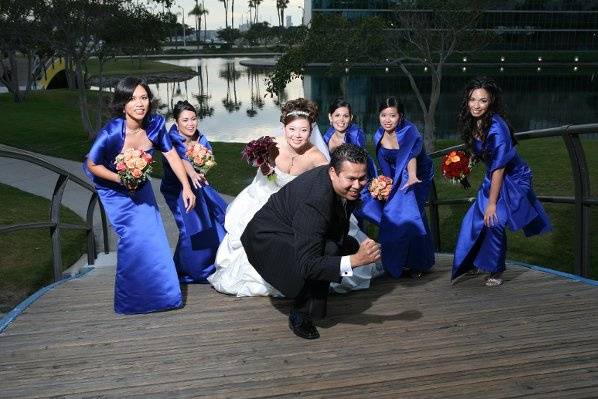 The couple with the bridesmaids