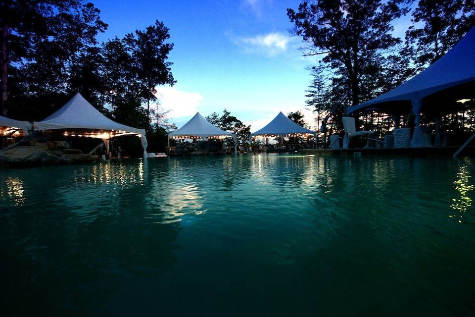 Tent setups by the pool