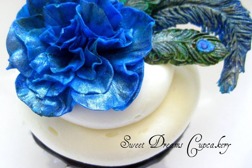 Custom cupcake topper just for the Bride to match her gorgeous peacock feathered hat