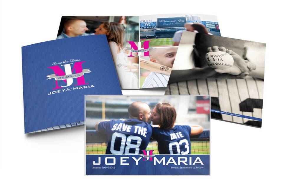THE UNION COMBO PACK (View More This Portfolio of Joey & Maria’s Wedding)
This special Save the Date product was designed initially for Maria and Joey’s big day, as all our designs, this was custom designed for their day, including the NY Yankee style custom monogram. In this package we design your Magnet and Greeting Card and include Blank White Envelopes. Other options that can be added are Custom Return Address Labels, Custom designed Envelopes and/or Calligraphy for your Envelopes each at additional fees for those services.